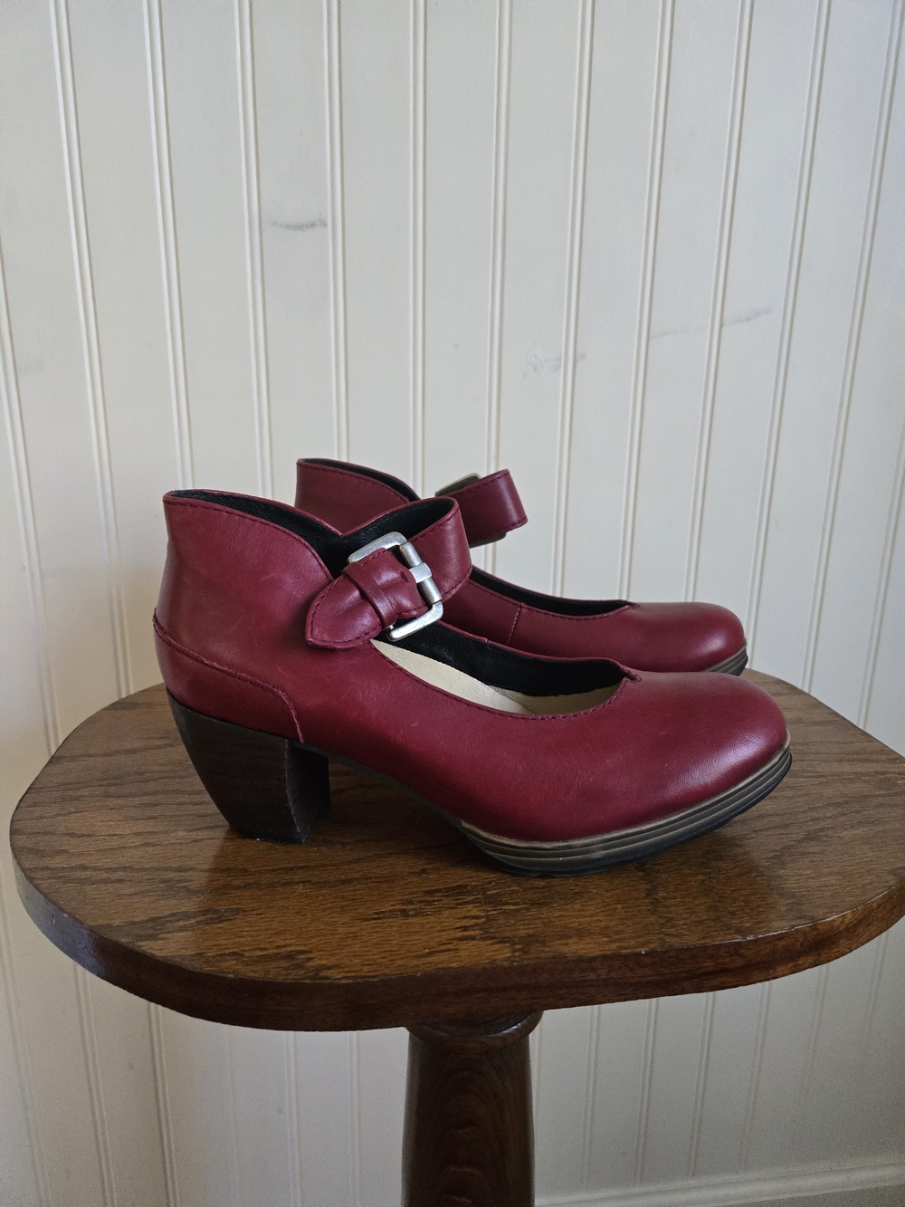 Wolky European Classic Burgundy Mary Jane Block Heels with Buckle Strap